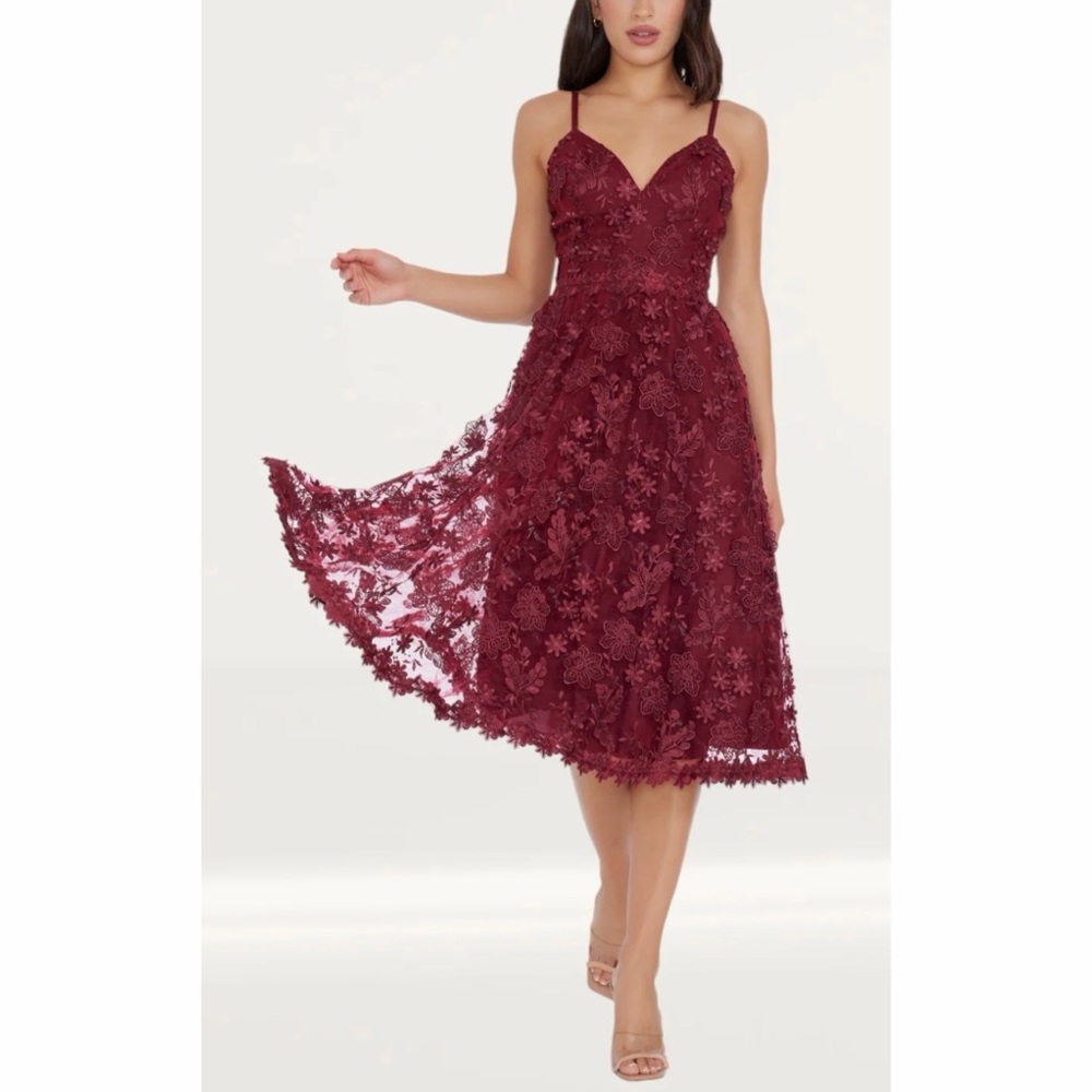 NWOT Dress the Population Tahani Burgundy Floral Lace Midi Dress, Large